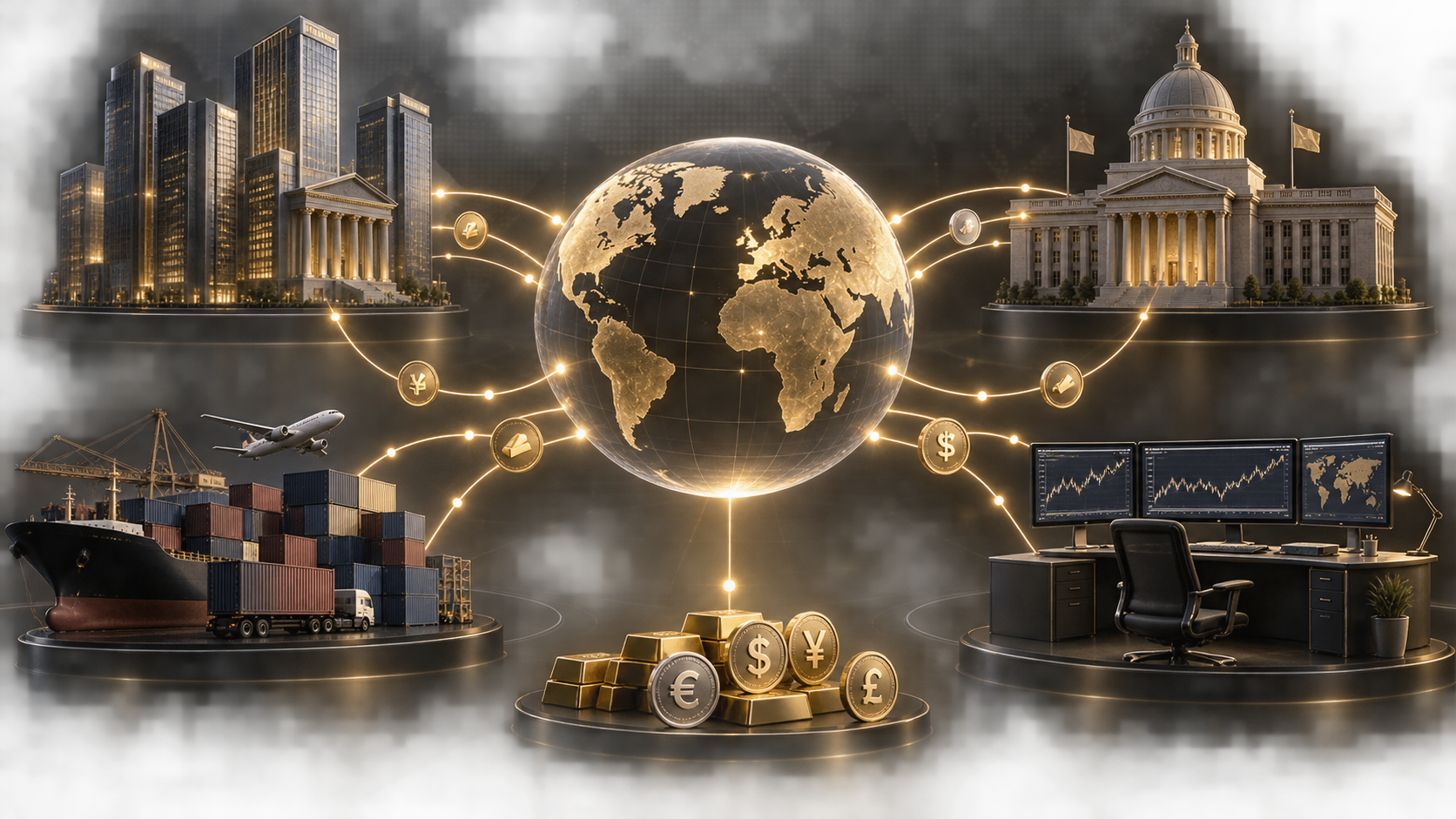 ภาพโครงข่ายตลาด Forex — ธนาคาร ธนาคารกลาง ธุรกิจ และผู้เทรดเชื่อมต่อกันในตลาดโลก